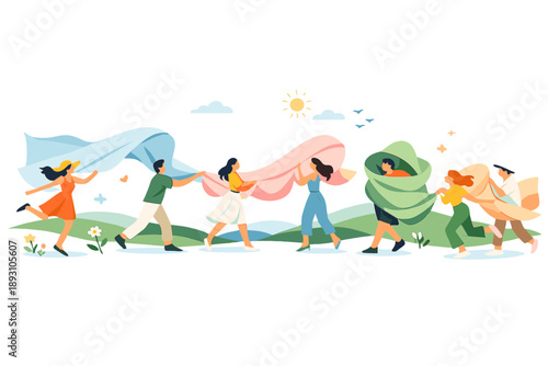 Image Generation. Open spring landscape where sheer fabrics stretch and ripple between figures like banners caught in a breeze,