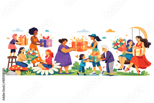 Sunlit park landscape filled with diverse women exchanging flower bouquets and gift boxes that glow with