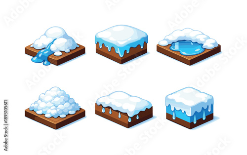 Snow Melt Icons. Snow melt details. Isometric flat vector icons set of Snow melt details: snow pile with runoff, icy snow cap, snow with reflective puddle,