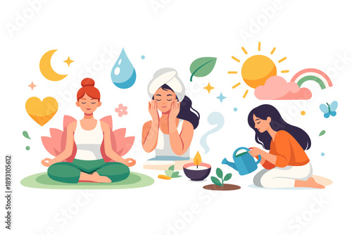 Image Generation. Quiet spring morning setting where women engage in mindful rituals while abstract soft symbols bloom and hover