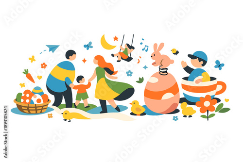 Image Generation. Open spring courtyard scene showing a family surrounded by festive Easter decorations transforming into abstract