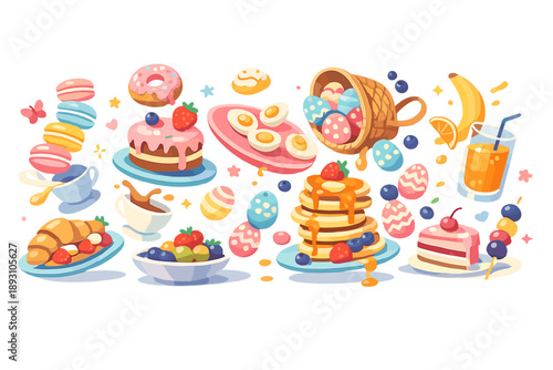 Image Generation. Fresh spring brunch table scene showing pastel pastries, eggs, and fruits arranged in flowing patterns that defy