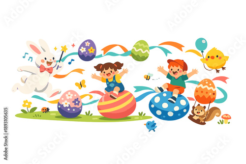 Playful Bunny Parade. Open spring park scene showing a playful bunny leading children through a trail of floating eggs and ribbons