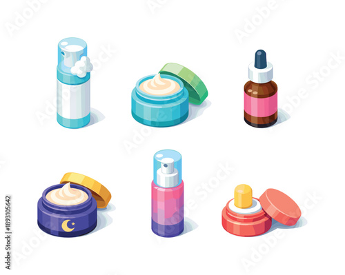 Cosmetic Care Icons. Cosmetic care. Isometric flat vector icons set of cosmetic care: foaming cleanser bottle, daily moisturizer jar, peptide serum bottle,