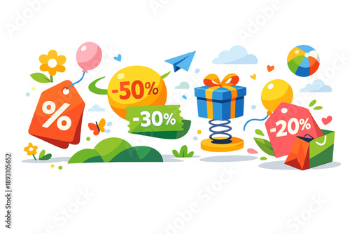 Image Generation. Open urban space filled with dynamic abstract discount elements arranged in a bright seasonal rhythm, April