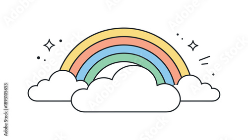 Minimalist Rainbow Bliss. Rainbows and clouds. Minimal editorial composition with a rainbow and simple cloud shapes, expressing calm happiness and positivity.