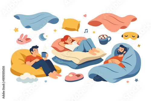 Image Generation. Quiet Easter weekend setting showing people lounging comfortably as abstract cozy symbols surround them, playful