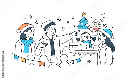 Parade Celebration Interaction. People at holiday parade interaction. Friends talking and pointing toward decorations and performers. Lively yet relaxed social