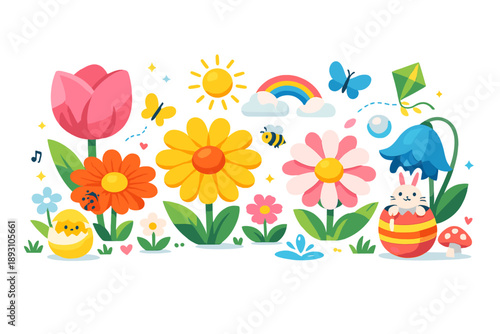 Image Generation. Fresh April garden scene where flowers burst into bloom alongside abstract seasonal promotion symbols, surreal