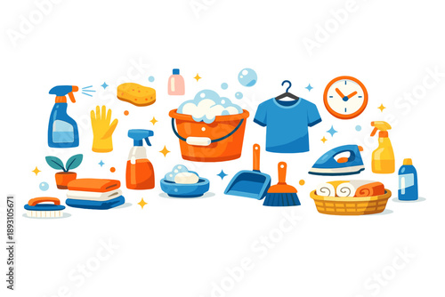 Fresh organized workspace scene showing cleaning supplies and household items arranged into a harmonious flow,