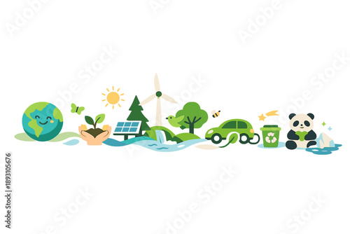 Fresh clean space showing planet care represented through essential nature icons arranged in a rhythmic flow,