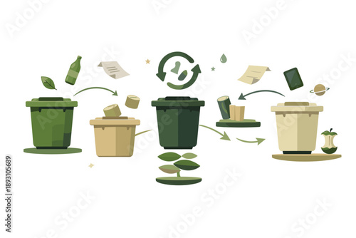 Image Generation. Fresh clean space showing recycling awareness illustrated through abstract bins, arrows, and materials arranged