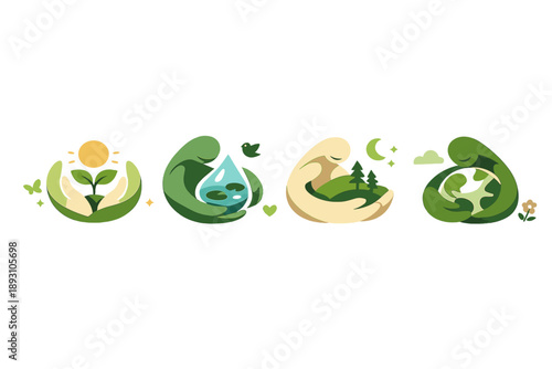 Fresh spring setting shows abstract guardianship symbols embracing nature icons, soft symbolism used to