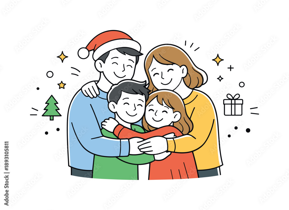 Fototapeta premium Holiday Family Joy. Holiday morning hugs and smiles shared happiness. Family standing together, smiling and embracing as a group. Collective joy, gratitude,