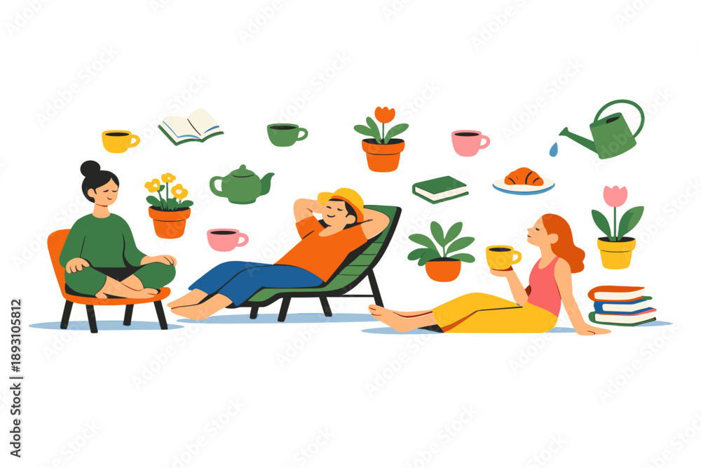 Obraz premium Spring terrace scene designed for stillness where figures pause among hovering plants, books, and cups frozen