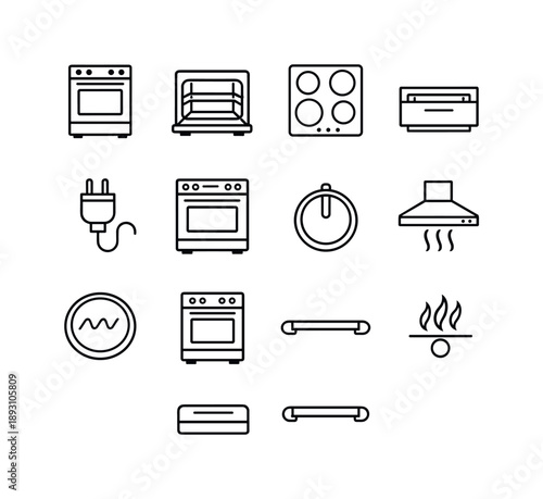 Kitchen Line Icons. Kitchen Range. Line icon set of Kitchen Range: freestanding stove, oven interior, cooktop burners, stove drawer, appliance plug, range with