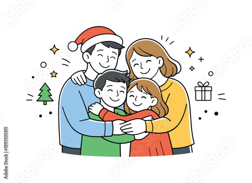 Holiday Family Joy. Holiday morning hugs and smiles shared happiness. Family standing together, smiling and embracing as a group. Collective joy, gratitude,