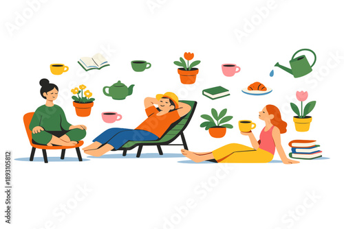 Spring terrace scene designed for stillness where figures pause among hovering plants, books, and cups frozen