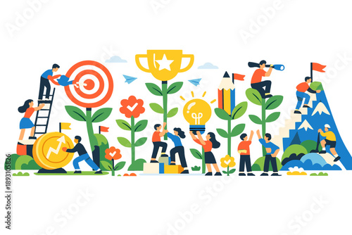 Image Generation. Spring meadow reimagined as a collaborative landscape where goals grow like plants and figures align naturally