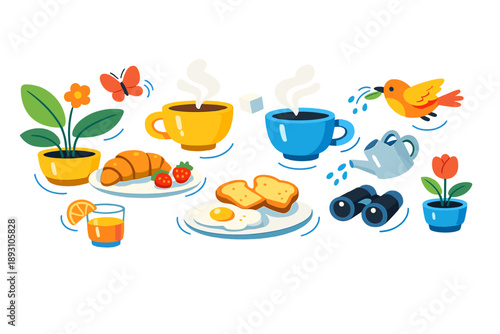 Image Generation. Spring terrace morning moment where coffee cups, plants, and movement cues glow softly and hover in relaxed