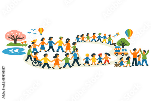 Image Generation. Spring park scene alive with shared movement where people form circles and paths that naturally align into one