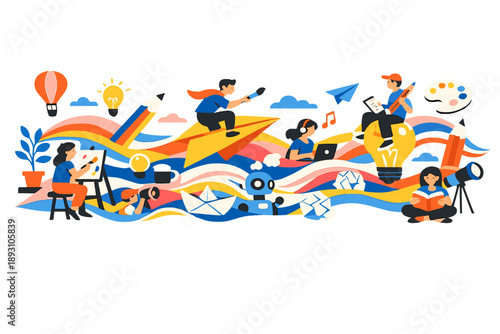 Image Generation. Spring city terrace transformed into a creative current where ideas travel as colorful waves connecting objects