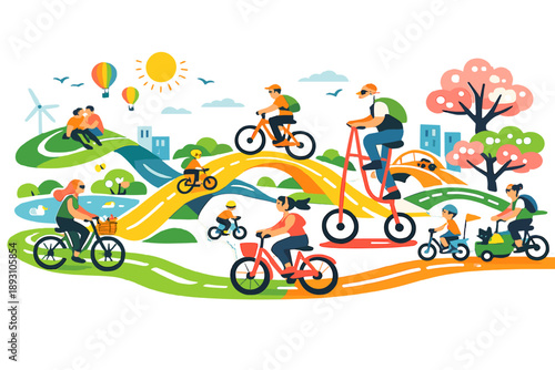 Image Generation. Spring urban landscape reimagined as a cycling haven where bike lanes curve organically and riders move in