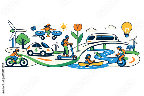 Spring boulevard reimagined as a sustainable flow where clean mobility symbols move in harmony and paths curve