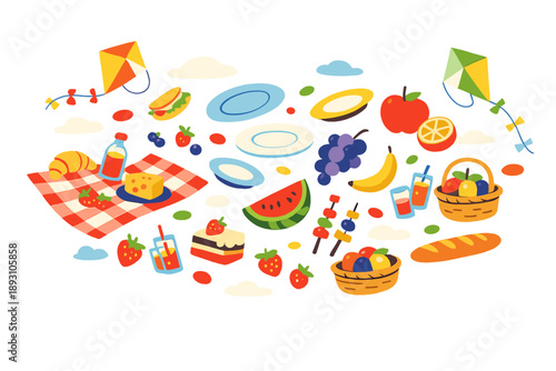 Image Generation. Spring countryside picnic imagined as a playful gathering where plates, fruits, and kites drift together in