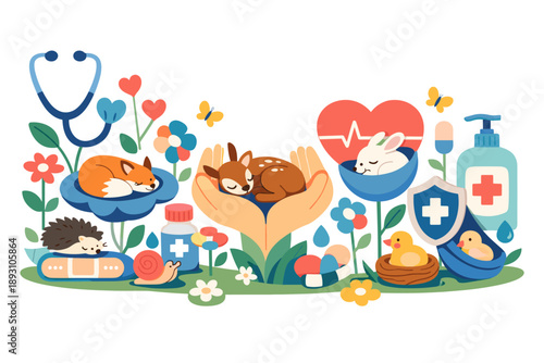 Spring meadow reimagined as a protection landscape where animals rest safely while care-related shapes grow like