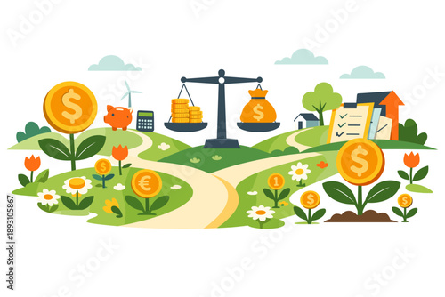 Whimsical Financial Meadow. Spring meadow imagined as a financial reset landscape where coins sprout gently and paths curve toward