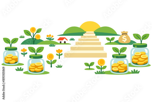 Image Generation. Spring meadow imagined as a money-growth landscape where savings jars sprout leaves and steps rise calmly toward