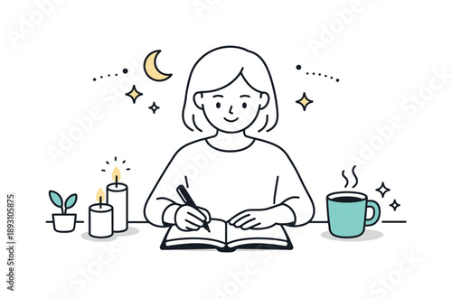 Evening Journaling Scene. Evening journaling or planning. A character writing in a notebook with candles and a cup nearby, soft lighting around. Gentle