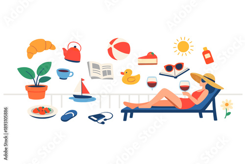 Spring terrace weekend moment where time feels paused and abstract lifestyle elements float gently without