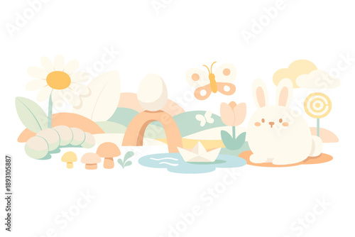 Spring meadow reimagined as a design trend space where pale shapes drift gently and overlap like layered