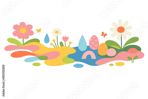 Image Generation. Spring meadow imagined as a flowing palette where pastel and vibrant shapes drift across the space like color