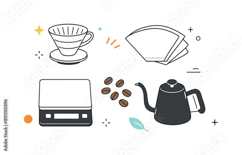 Coffee Brewing Essentials. Manual coffee brewing tools flat lay. Top view of dripper, paper filters, scale, kettle, and coffee beans arranged evenly,