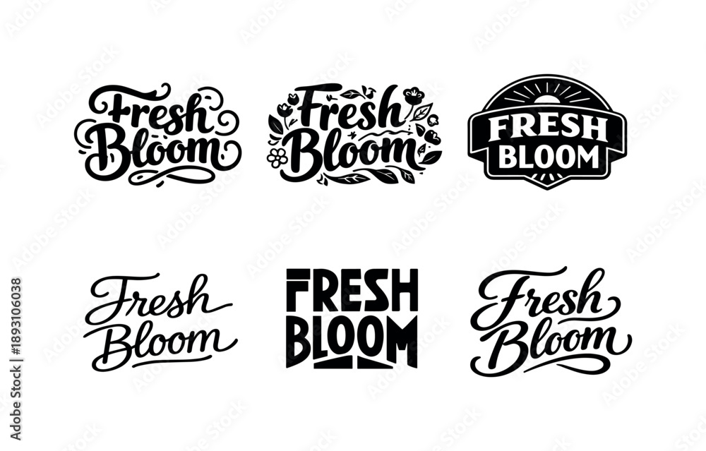 Obraz premium Harmonious Lettering Grid. Fresh bloom lettering. Set lettering. harmonious lettering variations of the same emblematic concept, each with different artistic