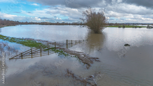 Εκτύπωση καμβά Aerial and ground-level views showing extensive flooding across the Somerset Levels near Langport, Somerset, following prolonged heavy rainfall