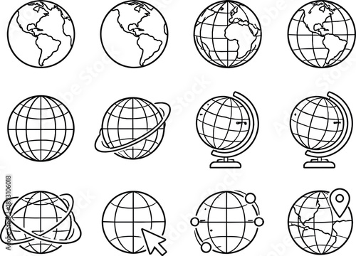 Image Generation. globe; strict 3x4 grid layout, consistent icon size, perfectly symmetrical alignment, equal spacing between