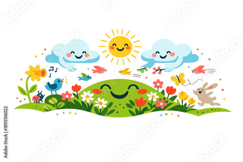 Image Generation. Early April field alive with celebration as buds pop, clouds lean closer, and the ground curves upward in