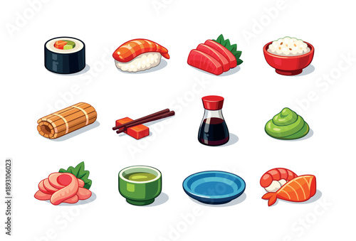 Japanese Cuisine Icons. Japanese Cuisine. Colorful flat vector icons set of Japanese Cuisine: sushi roll, nigiri sushi, sashimi slices, rice bowl, bamboo mat,