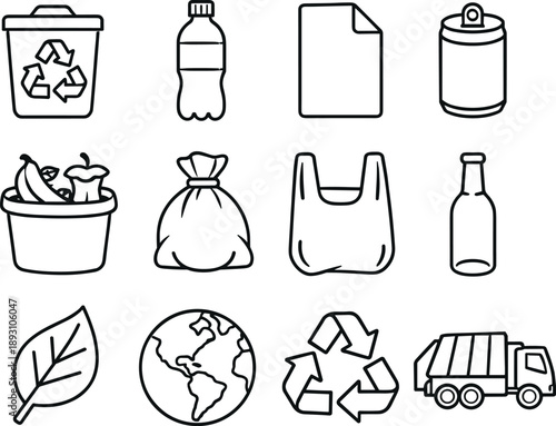 Line style vector icons of Environmental waste: recycle bin, bottle, paper, can; compost, trash bag, plastic,