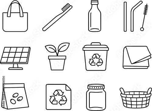  Line style vector icons of Eco products: reusable bag, bamboo toothbrush, glass bottle, metal straw; solar panel