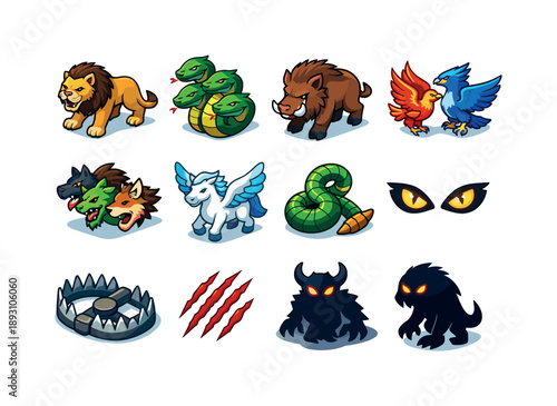 Legendary Creature Icons. Legendary Creatures. Colorful isometric vector icons set of Legendary Creatures: Nemean lion, Hydra heads, giant boar, flying birds,