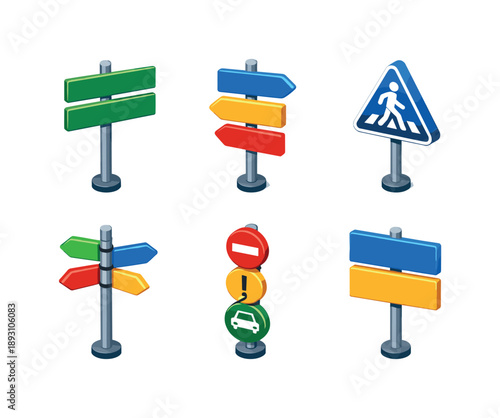 Isometric Street Sign Collection. City street sign. Isometric flat vector icons set of city street sign: pole-mounted street name sign, directional arrow