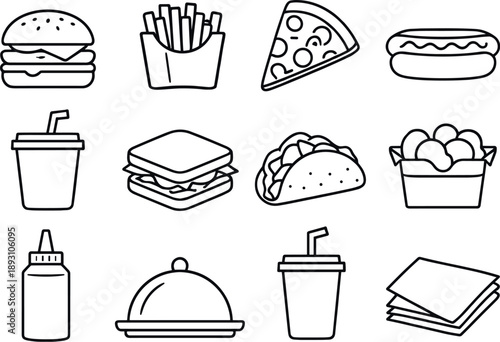 Line style of Fast meal vector icons: burger, fries, pizza, hot dog; soda, sandwich, taco, nuggets; ketchup,