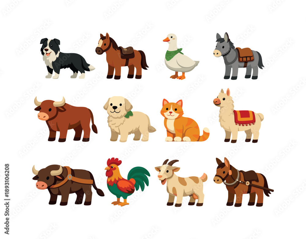 Fototapeta premium Working Farm Animal Icons. Working Farm Animals. Colorful flat vector icons set of Working Farm Animals: border collie, cattle horse, guard goose, herding