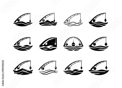 Lakeside Logo Variations. Lakeside. Icon set. Set Logo of Lakeside: fishing rod over water. harmonious logo variations of the same emblematic concept, each