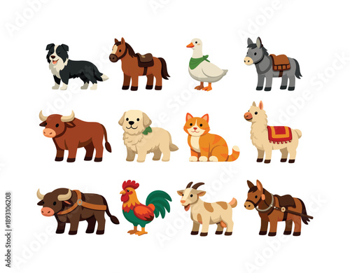 Working Farm Animal Icons. Working Farm Animals. Colorful flat vector icons set of Working Farm Animals: border collie, cattle horse, guard goose, herding